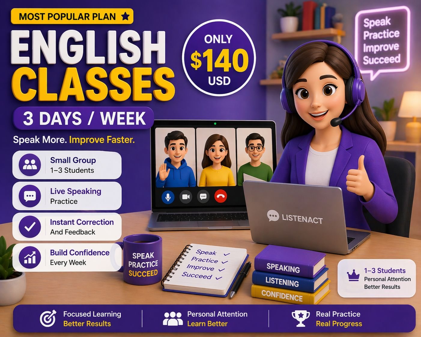 English Speaking Classes – 3 Days/Week (Most Popular Plan)